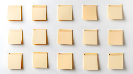 Organizing ideas white wall sticky notes minimalist environment straight-on view conceptual clarity