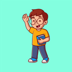 Smiling Boy Holding a Book and Waving – Educational Theme Illustration