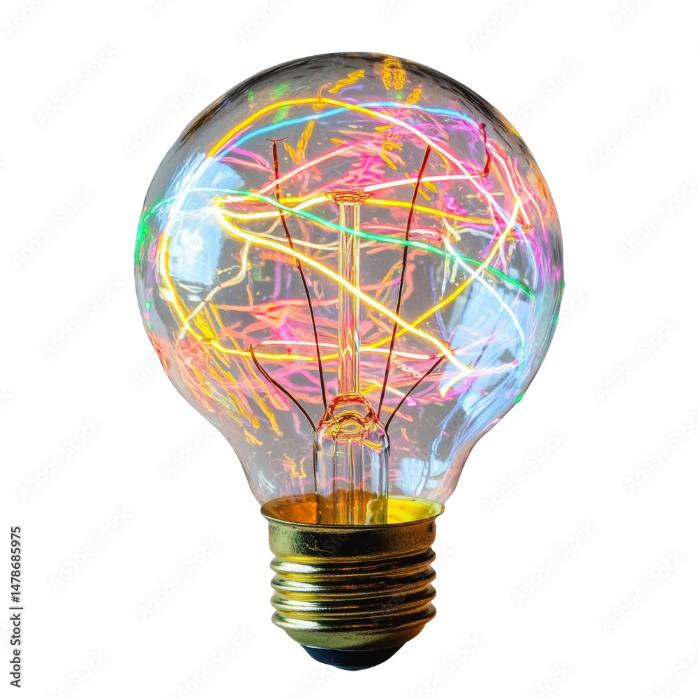 Poster colorful light bulb with vibrant neon filaments glowing inside, creating mesmerizing effect. bulb de