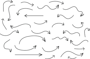 set of black thin line curve arrow. hand drawn direction arrow vector illustration.