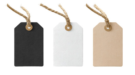 Blank Gift Tags with Jute String: Black, White, and Beige, PNG