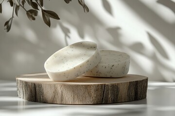 Artisanal soap collection with visible herb inclusions, oval-shaped bars on a raw wood slab with natural shadow play and textural contrast.