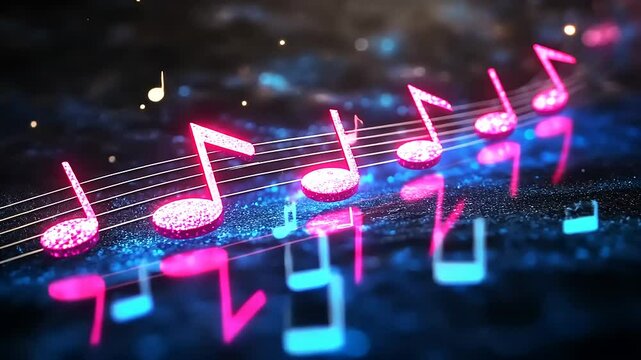 Neon music notes on a dark background