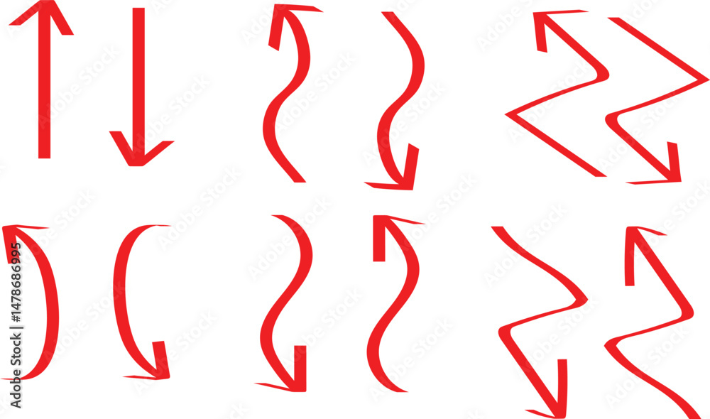 Poster set of red arrow pointer symbol. curve arrow direction pointer symbol vector illustration.