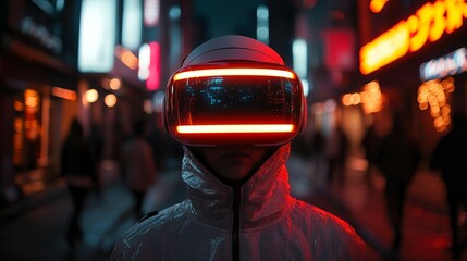 Person wearing futuristic VR headset amidst vibrant city lights at night exploring immersive virtual reality technology