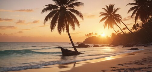 Golden hour light bathes a pristine beach, palm silhouettes  Aged film effect ,  graphic,  paradise,  nature