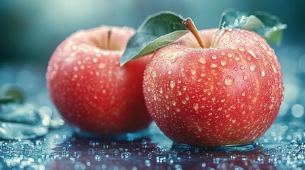 Fresh Red Apples with Water Droplets & Green Leaves on Dark Blue Surface – Crisp, Reflective Bokeh Food Photography for Healthy Lifestyle