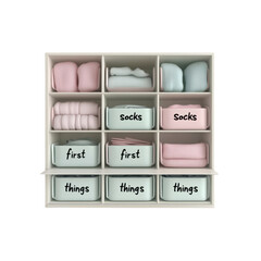 Organized Drawer with Clothing and Labeled Bins