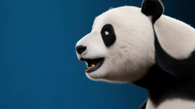 Close up portrait of a panda bear with an open mouth against a dark blue background