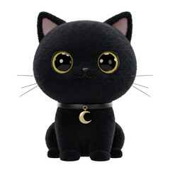 Kawaii 3D cartoon black cat with shiny fur and moon charm collar