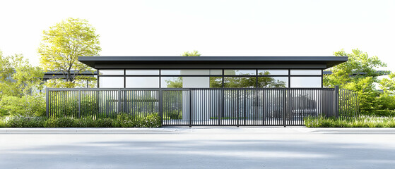 Modern Exterior Of A Contemporary House With Dark Gray Fence And Green Trees