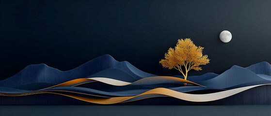 Abstract Golden Tree Landscape With Dark Mountains