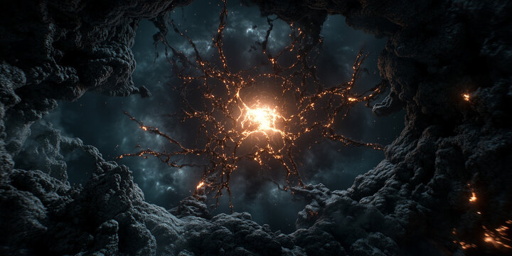 Digital transformation event cloud computing data visualizations in a dramatic cosmic environment