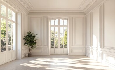 Empty, sunlit, ornate, classic, interior, room, with, large, windows.
