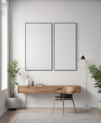 Fototapeta premium Modern minimalist interior, poster mockup on white wall, room, template