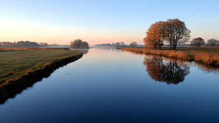 Calm River at Sunrise in Autumnal Landscape