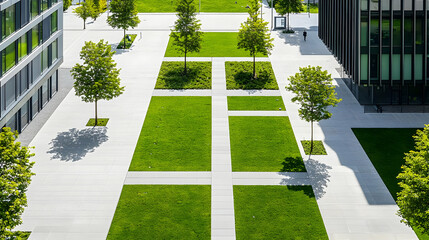Modern Urban Courtyard With Square Grassy Areas And Trees