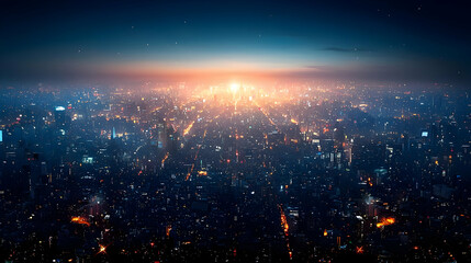 Aerial View Of City At Sunset With Blurry Lights