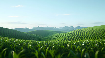 Digital Art Landscape With Green Hills And Fields