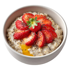 A bowl of oatmeal topped with fresh strawberries and chia seeds. This healthy breakfast or snack features a creamy oatmeal base, juicy strawberries, and nutritious chia seeds