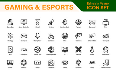 Esports Gaming Icon Pack – Modern Outline, Vector, and Line Art Illustrations for Tournaments, Teams, Players, Games, and Digital Design