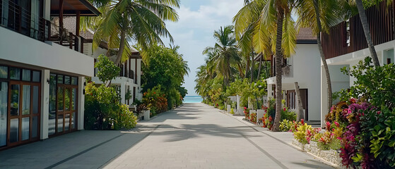 Tropical Resort Street Scene With Lush Greenery