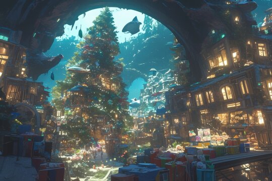 Festive village scene with a giant tree, nestled within a unique architectural structure