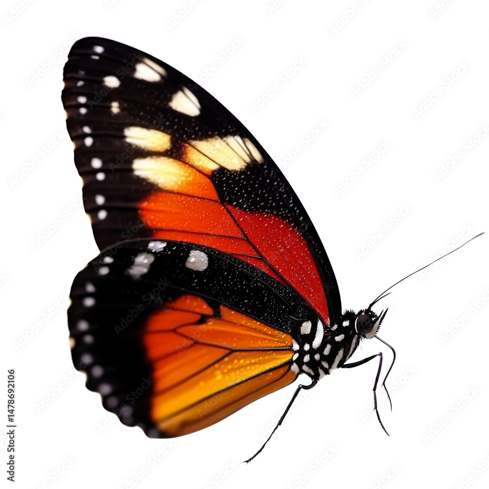 Poster vibrant butterfly with striking orange and black wings, showcasing intricate patterns and textures. 