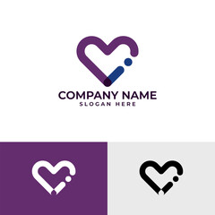 A modern logo features a stylized heart shape formed by rounded lines in shades of purple and blue. A small blue dot accents the right side, adding a unique touch. It conveys love, connection, or care