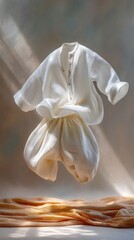 A graceful white traditional Thai cotton garment flowing in the light embodying the serene and meditative beauty of Southeast Asian textile heritage