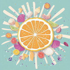 A circle surrounded by sunrays, seashells, and fruit slices