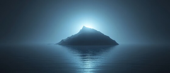 Ethereal Island Peak Emerging from Misty Waters in Serene Landscape Photography with Glowing Light and Reflections