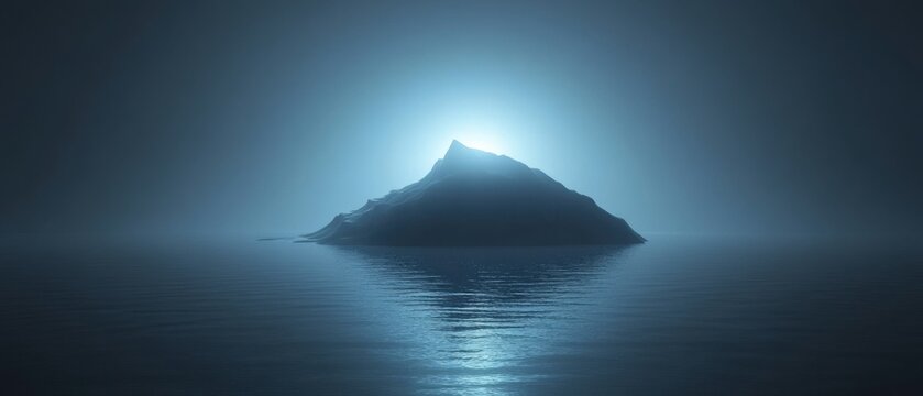 Ethereal Island Peak Emerging from Misty Waters in Serene Landscape Photography with Glowing Light and Reflections - Powered by Adobe