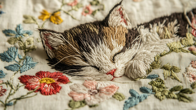 A Vintage Redwork Embroidery of a Cat Nestled Near a Flower with Delicate Stitchwork