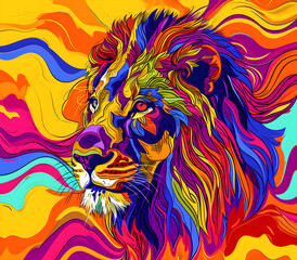 an abstract drawing of a lion with colorful lines, precisionist lines, light red and indigo, colorful turbulence with mixed pattern colorful background
