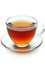 Clear glass cup of tea on saucer against white background close up studio shot beverage refreshment drink break time