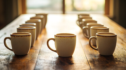 Arranging coffee mugs table setting still life indoor space eye level symmetry