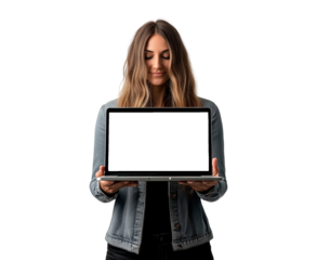 Woman holding a blank laptop screen isolated on transparent background