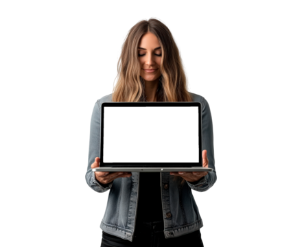 Woman holding a blank laptop screen isolated on transparent background