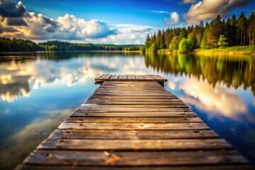Obraz premium Tranquil Lake, Weathered Wooden Dock, Tilt-Shift Photography, Scenic Landscape