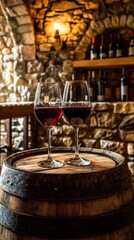 Two glasses of red wine resting on a wooden barrel in a rustic wine cellar close up shot