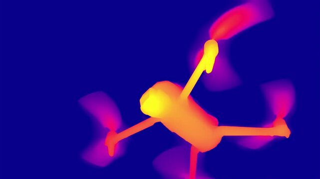 Thermal imaging of a quadcopter drone captured in mid-flight, highlighting heat distribution on body and propellers with a color gradient.