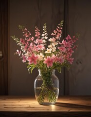 Spring blooms in glass vase, illuminated by warm lamplight on rustic wood ,  tulips,  elegant
