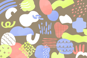 手書きの抽象的な形をランダムに散りばめたおしゃれな背景素材