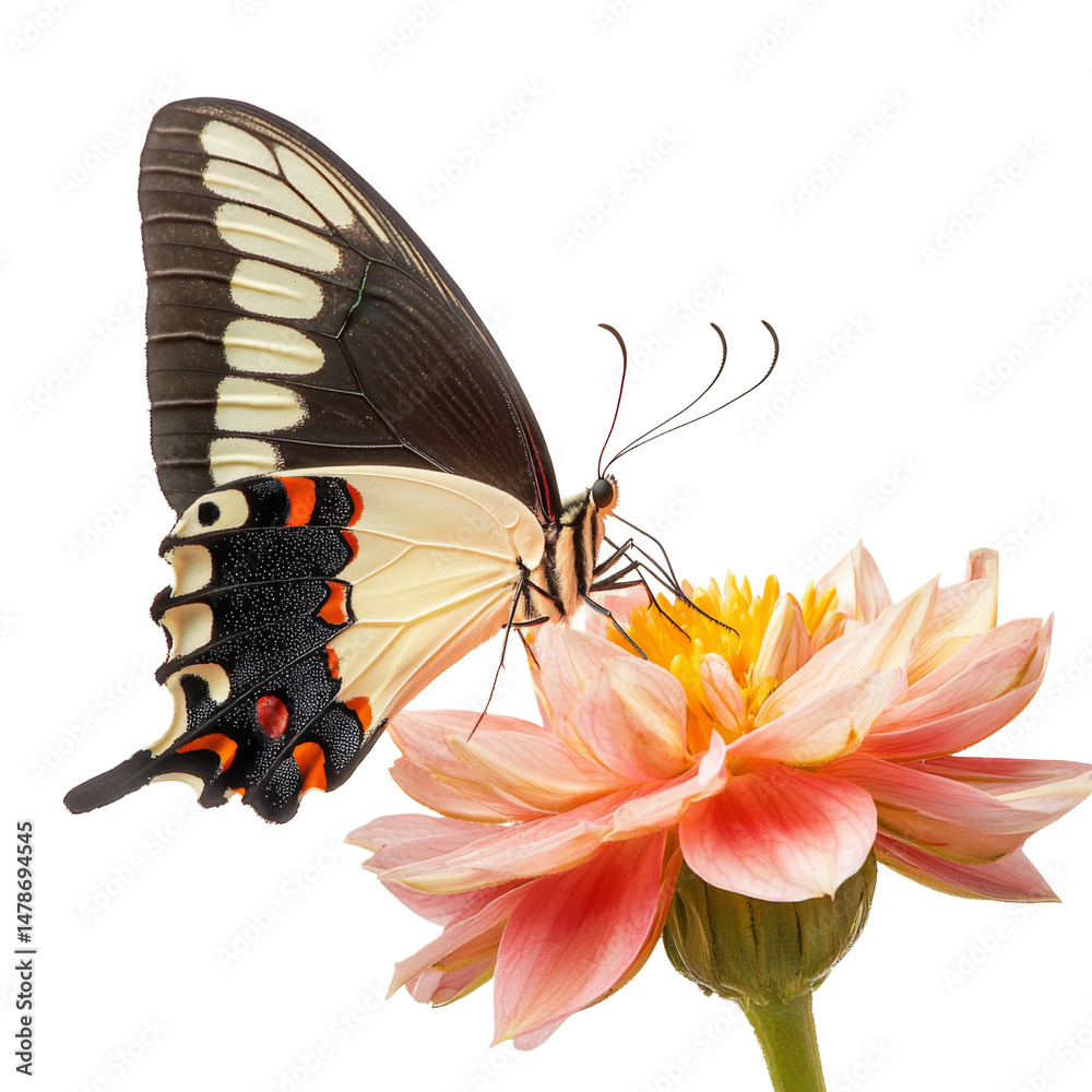 Poster butterfly perched on pink flower, showcasing vibrant colors and intricate patterns. delicate wings c