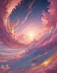 Abstract swirls of pink, gold, and blue paint the twilight sky; a breathtaking celestial canvas , mist, abstract