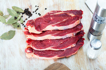 Raw juicy beef steaks with aromatic bay leaves and black pepper ready for cooking on wooden table