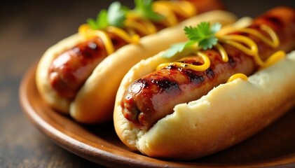 Close-up of grilled sausage hot dogs on a bun, with mustard and relish , bbq, meal, sausage