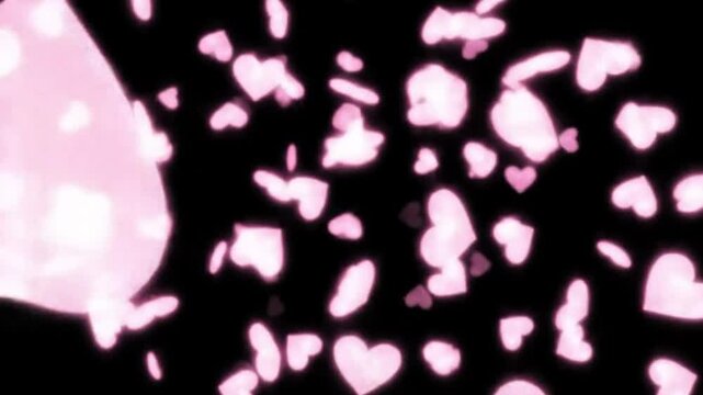 Pink hearts burst on black background.  Generative AI.