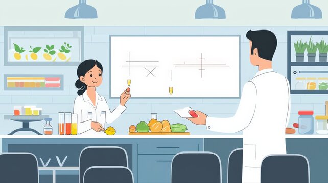 Flat educational vector showing a cartoon teacher explaining the double-slit experiment in a classroom, with light waves, two slits and an interference pattern on a presentation board.